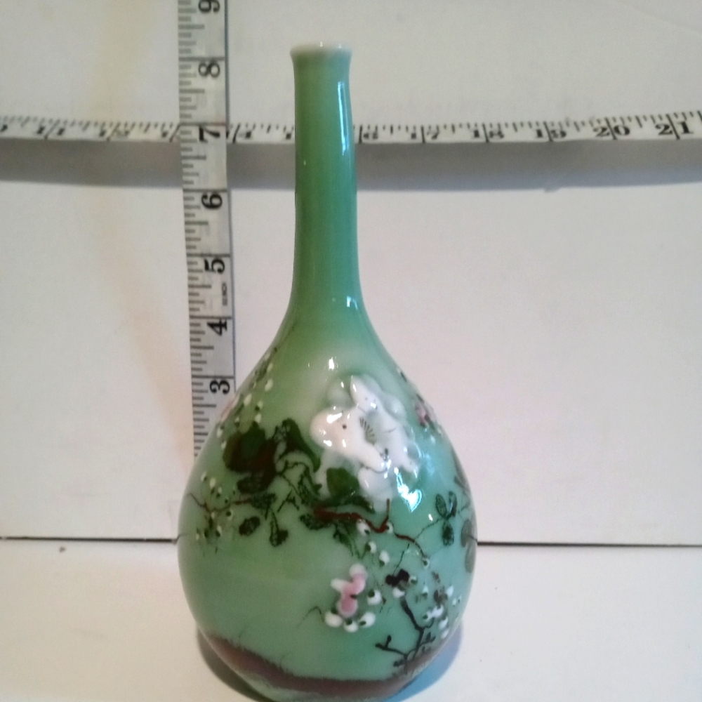19th Century  Chinese Celadon Vase Enamel antique painted decor.